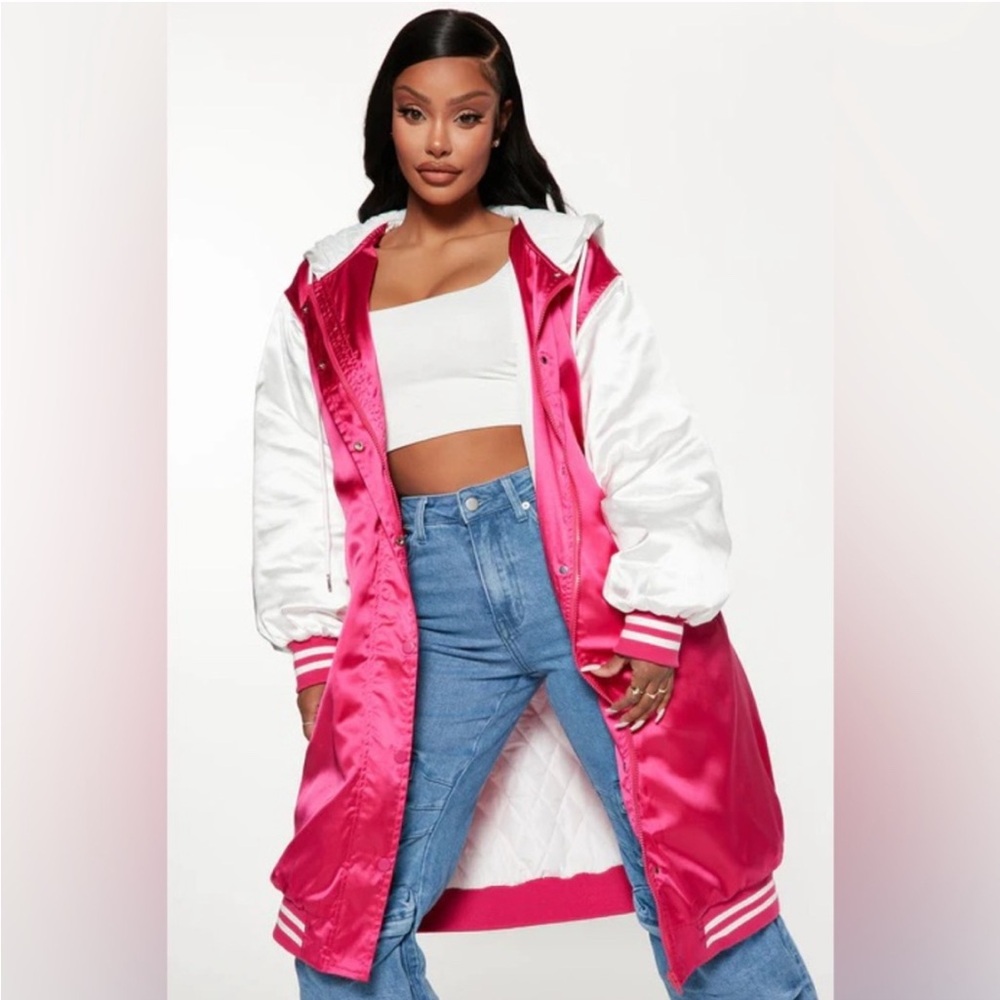Fashion Nova Pink and White Varsity Jacket